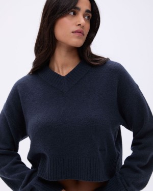 Deep Blue Adanola V Neck Knit Sweatshirt | ASPDNB956