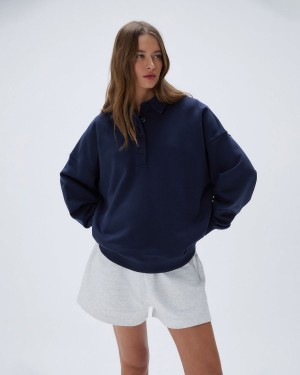 Navy Blue Adanola Oversized Button Up Sweatshirt | WLVDQX745