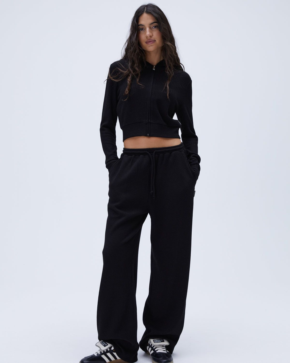 Black Adanola Waffle Straight Leg Lounge Pants | ZDEIUB159