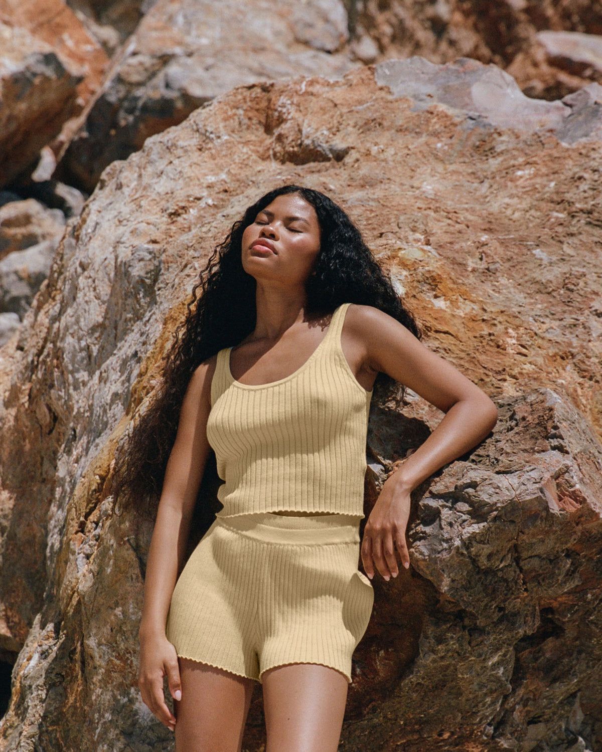 Lemon Yellow Adanola Rib Knit Scoop Neck Crop Top | FPMTBG892