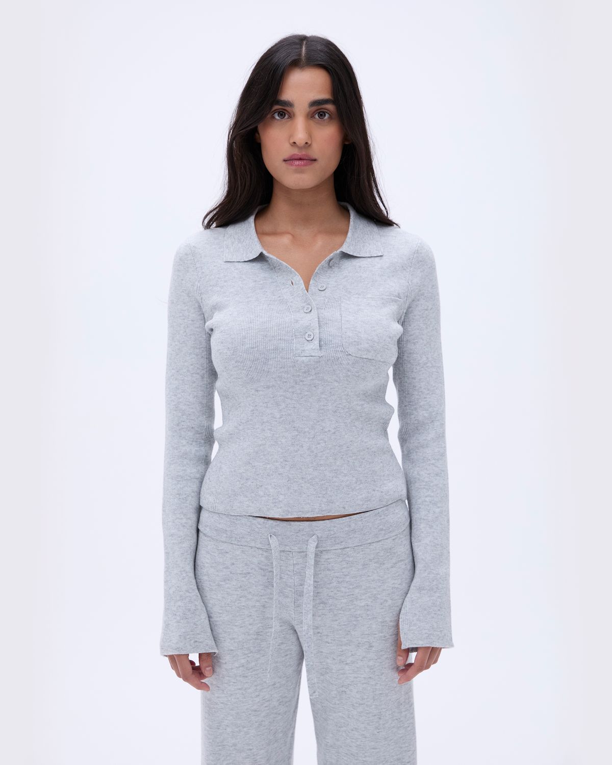 Light Grey Adanola Knit Long Sleeve Button Up Top | KMNDUG054