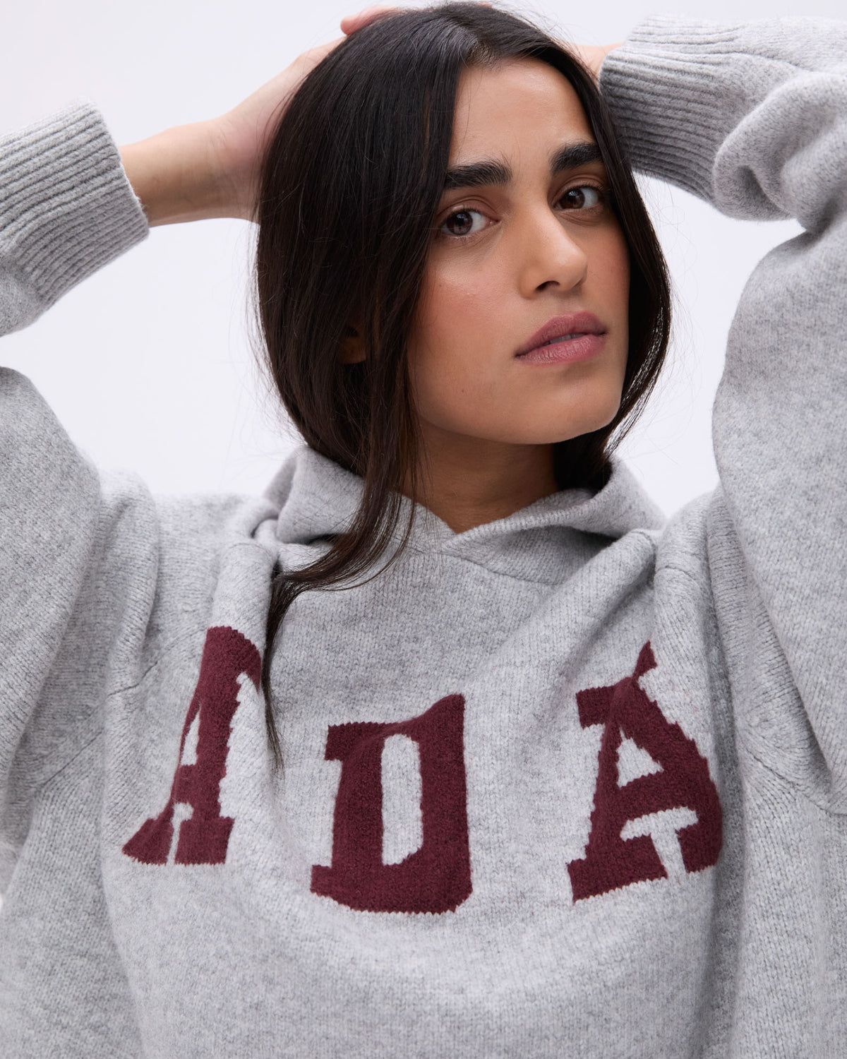 Light Grey / Burgundy Adanola ADA Oversized Knit Hoodie | MLUOWV702