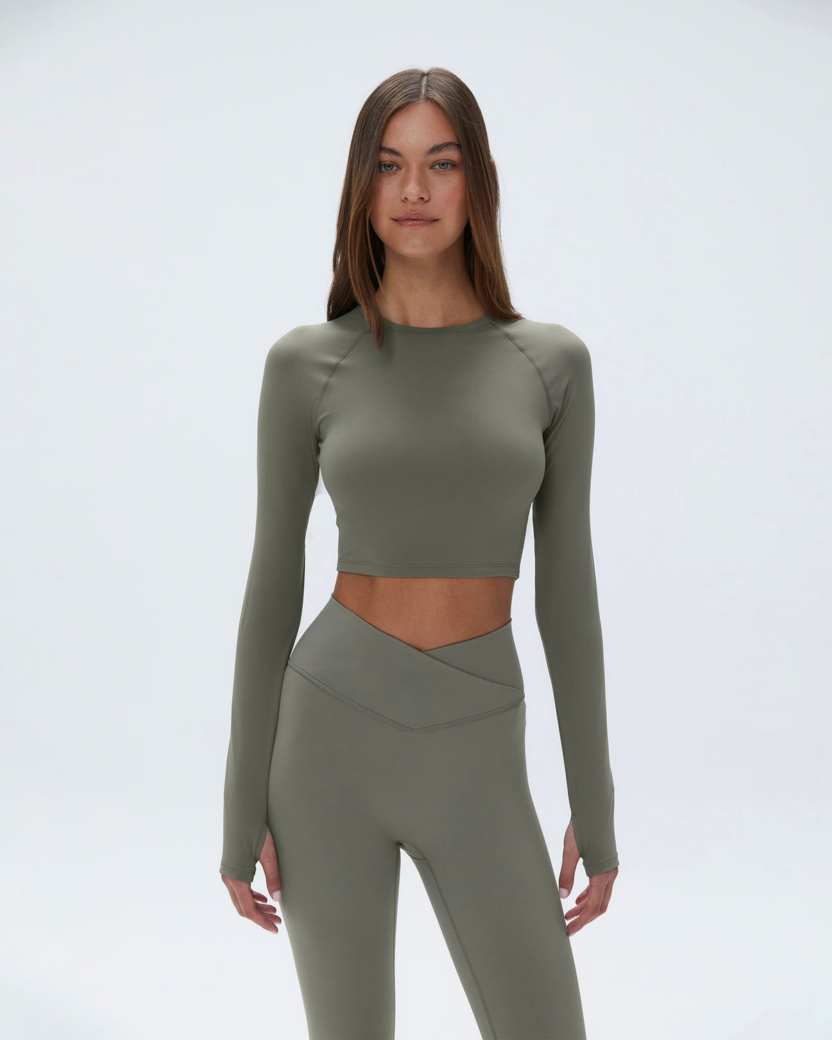 Olive Green Adanola Long Sleeve Crop Top | AQNKWZ539